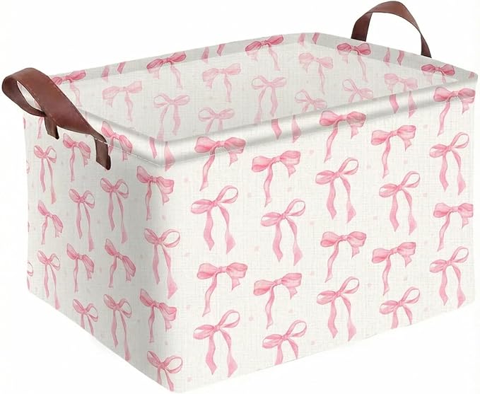 1PC 22L Pink Bow Storage Basket, Waterproof Canvas Organizer, Collapsible Decorative Bin with Handles for Bedroom Closet Toys Clothes Gift