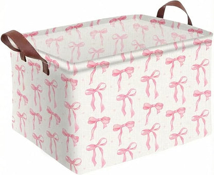 1PC 22L Pink Bow Storage Basket, Waterproof Canvas Organizer, Collapsible Decorative Bin with Handles for Bedroom Closet Toys Clothes Gift