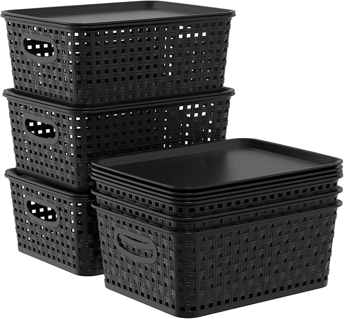 Set of 6 Plastic Lidded Storage Shelf Baskets, Stackable Storage Basket with Lid, Black