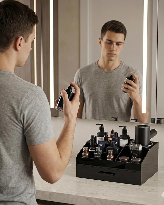 ProCase Cologne Organizer with Drawer, Acrylic Perfume Holder & Bathroom Countertop Organizer for Men & Women, Dresser Vanity Storage for Cologne, Perfume and Skincare -1 Layer, Cup