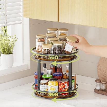LAMU 12'' Wood Lazy Susan Spice Rack Organizer, 2 Tier Spice Organization for Cabinet, Countertop, Kitchen, Table Top, Pantry, Condiment and Seasoning Rack Organizer