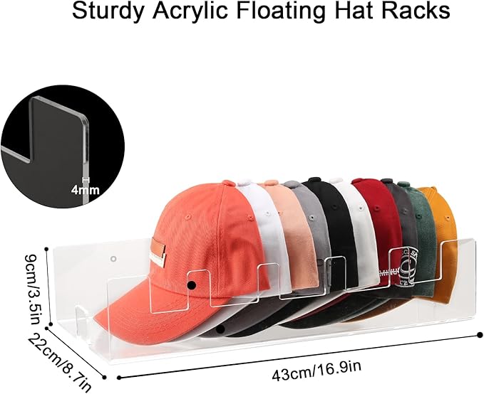 Acrylic Hat Racks for Baseball Caps Wall, 2 Pack Hat Organizer for 50 Baseball Caps Holders, Sturdy Clear Wall Mounted Storage Organizer