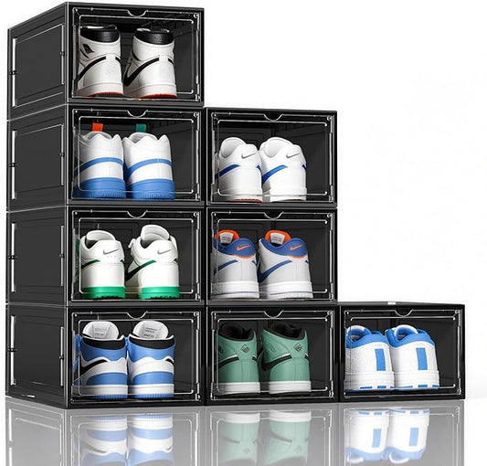 KEFA XL Shoe Storage Box Organizer, 8 Pack Shoe Boxes Clear Plastic Stackable, Sneaker Display Case Container Fit for US 15 (Drop 8 PACK BLACK)