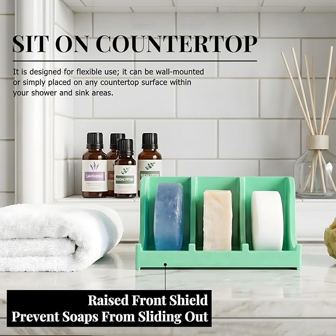 Soap Holder for Shower Wall, 3-Compartment Soap Dish for Shampoo, Conditioner and Body Soap, Fast Draining & Rust-Proof & Heavy Duty, Ultra-Strong Self Adhesive & Freestanding (Mint Green, No Label)