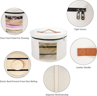 VanlonPro Large Hat Storage Box for Women & Men, 16" D x 10" H Hat Box Organizer，Foldable Round Travel Hat Boxes with Dustproof Lid, Stuffed Toy Storage Bin Bag (Off-white)