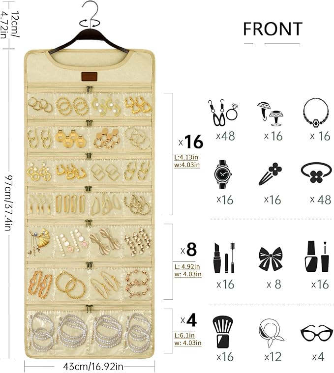 SMRITI Hanging Jewelry Organizer with Dual Zippered Pockets Canvas Double Sided Rotating Hanger Necklace Hanging Wall Organizer Earring Dustproof Holder Wall Mount Accessories Display Bag(Beige)