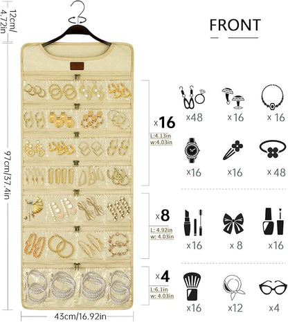 SMRITI Hanging Jewelry Organizer with Dual Zippered Pockets Canvas Double Sided Rotating Hanger Necklace Hanging Wall Organizer Earring Dustproof Holder Wall Mount Accessories Display Bag(Beige)
