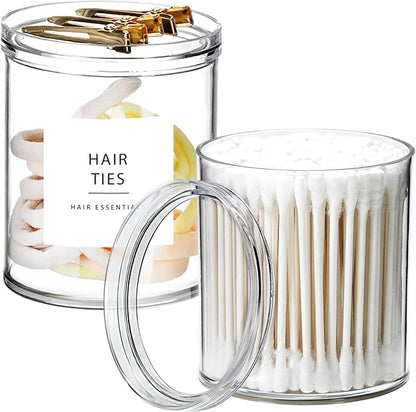 SheeChung 2-Pack Qtip Holder with Storage Lids - Clear Plastic Apothecary Jars for Bathroom Organization - Shatterproof Cotton Swab Dispenser with Labels - 10oz Vanity Counter Organizer