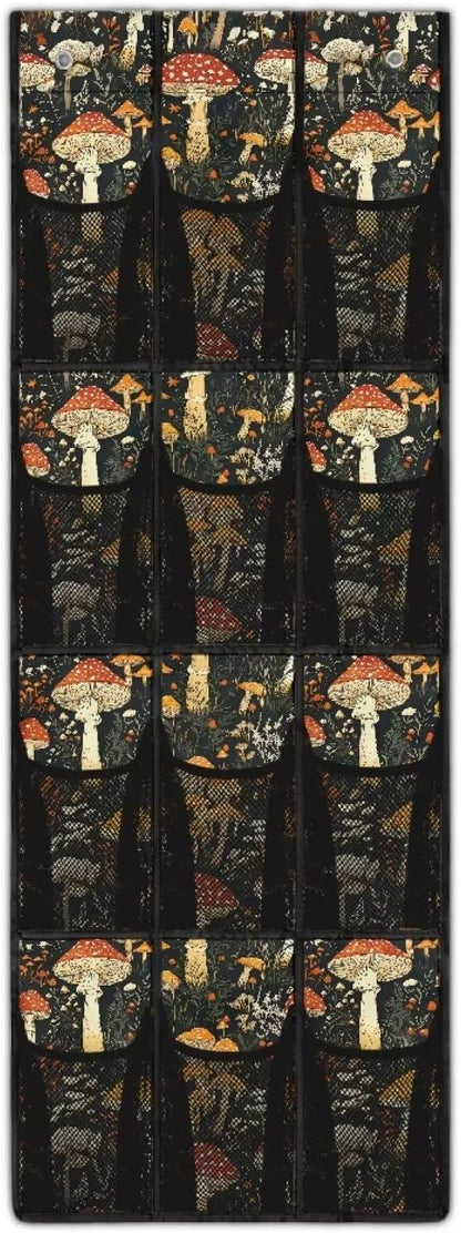 Mushrooms Over The Door Shoe Organizer 12 Pockets Wall Hanging Storage for Office Black Door Hanger Organizer Mesh Fabric Shoe Holder Hanger