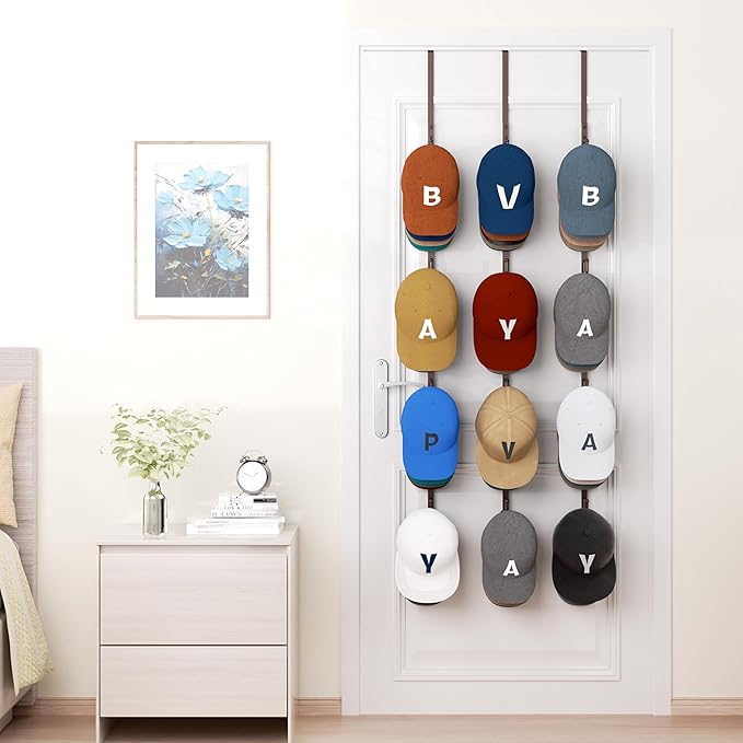 HapiRm Over Door Hat Rack - 3 Packs Hat Organizer with 12 Hooks Design, Hanging Baseball Cap Organizer Storage Holds Up to 60 Caps for Door, Bedroom, Closet (Brown)