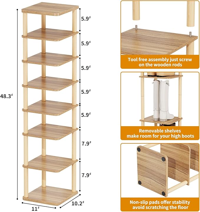 LUCKNOCK Vertical Shoe Rack, 8-Tier Tall Narrow Shoe Organizer for Entryway, Closet, Dorm & Small Spaces, Freestanding Wooden Shoe Shelf Tower for Boots, Sneakers, Heels. (Walnut)