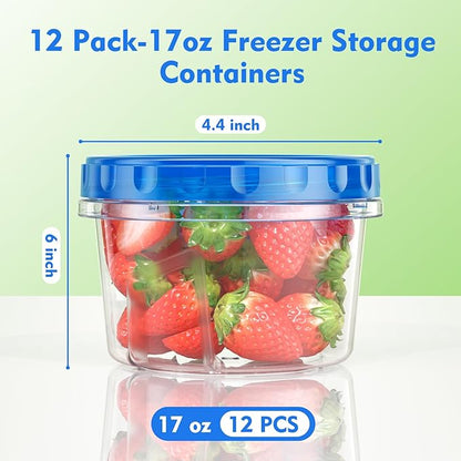 BiuLeon 12 Pack-17oz Freezer Storage Containers, Plastic Food Storage Containers with Twist Top Lids, BPA Free and Reusable Soup Containers with Lids, Leakproof/Microwave/Dishwasher Safe
