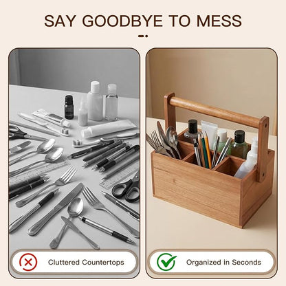 Silverware Caddy with Handle Acacia Paper Plate Holders Wooden Utensil Holder Mulip-Purpose Organizer Picnic Utensil Caddy for Party Home Kitchen Office Bathroom Bedroom RV