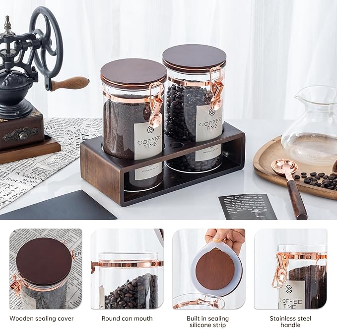 Glass Coffee Canister Set with Wooden Shelf, 2 Pack 45oz Airtight Food Storage Containers with Lids & Spoons, Large nisters for Coffee Beans, Sugar, Tea, Nuts