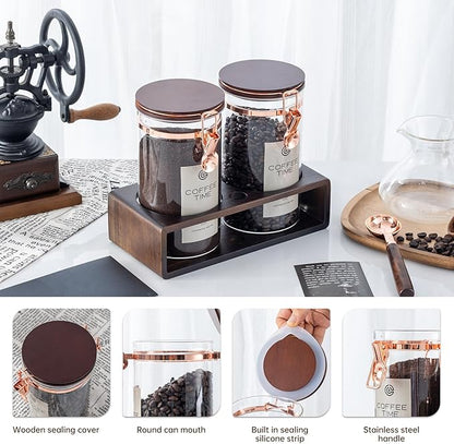 Glass Coffee Canister Set with Wooden Shelf, 2 Pack 45oz Airtight Food Storage Containers with Lids & Spoons, Large nisters for Coffee Beans, Sugar, Tea, Nuts