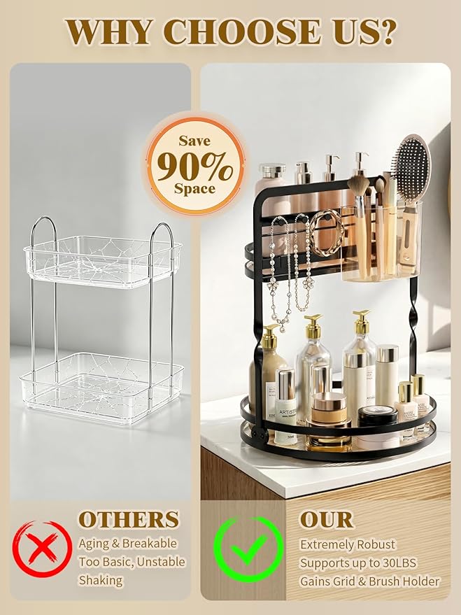 360 Rotating Makeup Organizer, Black Perfume Organizer for Dresser, 2-Tier Bathroom Countertop Organizer, Lazy Susan Skincare Storage, Spinning Vanity Tray with Jewelry Hooks & Brush Holder