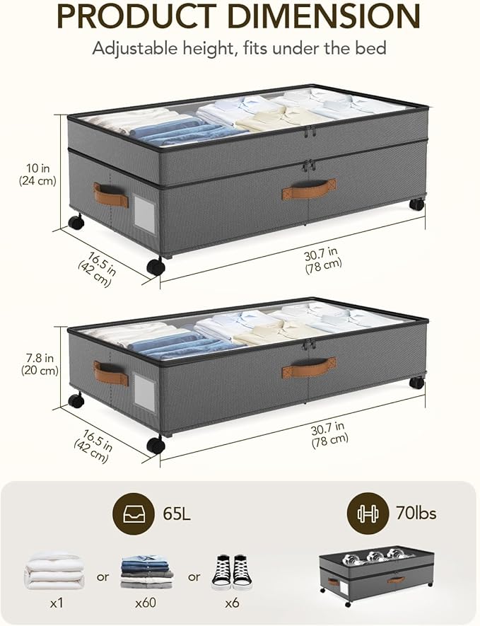 Under Bed Storage with Wheels, 10 inches Under Bed Storage Containers, 65L XXL Large Adjustable Underbed with Lids, Rolling Underbed Storage bins for Shoes, Clothes, Blankets, Grey