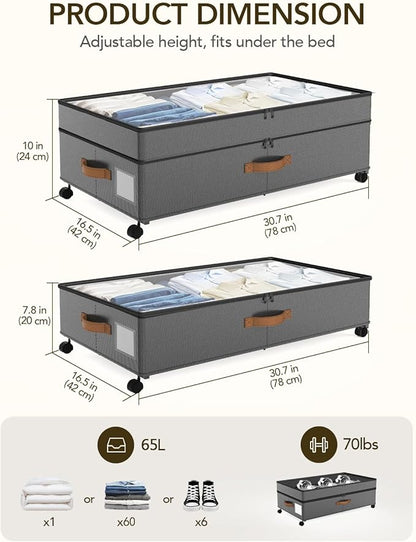 Under Bed Storage with Wheels, 10 inches Under Bed Storage Containers, 65L XXL Large Adjustable Underbed with Lids, Rolling Underbed Storage bins for Shoes, Clothes, Blankets, Grey