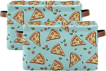 Doodle Pizza Storage Baskets,Decorative Collapsible Rectangular Canvas Fabric Storage Bin for Home,2 Pack