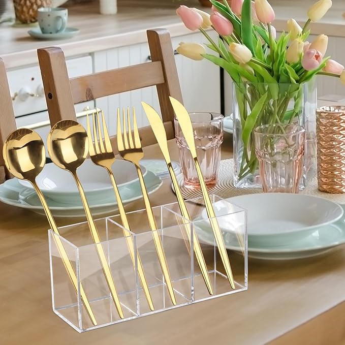 Hxezoc Clear Acrylic Cutlery Storage Organizer, Plastic Transparent Silverware Caddy 3 Section Tableware Holder for Kitchen Indoor Outdoor Decoration Supplies