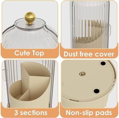 YOOLENS Makeup Brush Holder with Lid 360 Rotating Clear Dustproof Make Up Organizers for Vanity Bathroom Countertop, White Beige