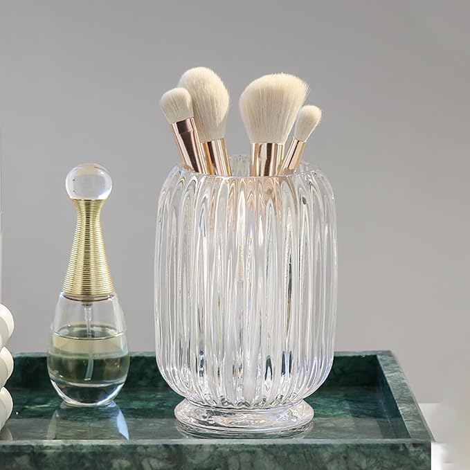 Crystal Makeup Brush holder Organizer, Vintage Make Up Brush Cup Pen Pencil Holder striped vase, Comb Brushes Pen Pencil Storage Box Container (Clear)
