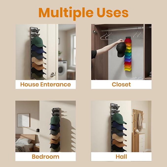 Hat Organizer for Baseball Caps 2-Pack, Hat Rack for Wall with Built-in Spring Clips, Wall Mount Closet/Door Hat Rack Holder, Cap Storage Display Hanger, Adhesive & Screws, Multicolor