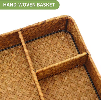 Large Wicker Baskets 4-Section Tea Bag/Sugar Packet Holder,Seagrass Woven Compartment Organizer,Storage Rattan Divided Basket,Office-Desk Baskets for Shelves,Pantry,Coffee Station Organizer-Natural