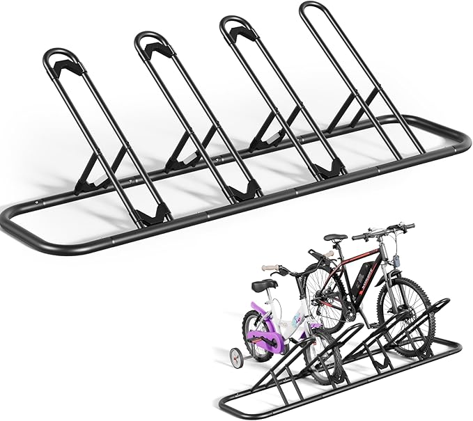Mr IRONSTONE Floor Bike Rack for Garage, Indoor/Outdoor Bicycle Storage Stand, Parking Rack for Mountain, Road & Kids Bikes (Black, 4-Slot)