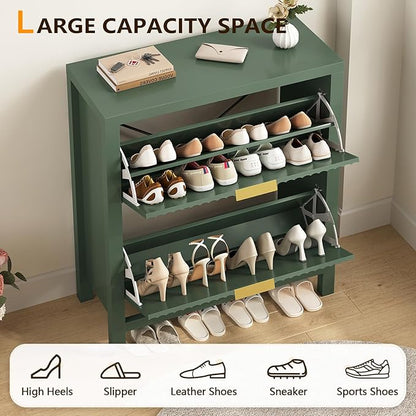 YOMILUVE Fluted Shoe Storage Cabinet with 2 Flip Drawers, Freestanding Shoe Organizer, Hidden Slim Narrow Shoe Rack for Entryway, Hallway, Green
