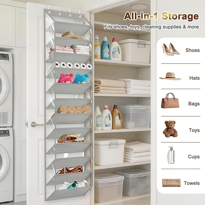 MISSLO 36 Pairs Clear Over the Door Shoe Organizer Closet Hanging Shoe Rack for Door with Large Deep Pockets Shoes Hanger Holder for Sneakers, Boots, Heels Storage (Grey)