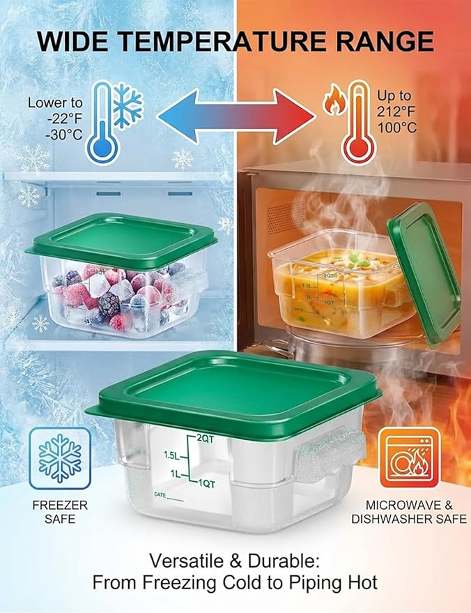 4 Pack 2QT Food Storage Containers with Green Lids, Clear Square Restaurant Commercial Food Storage Containers with Handle and Scale, Marinating Container Dough Rising Bucket for Home & Dining
