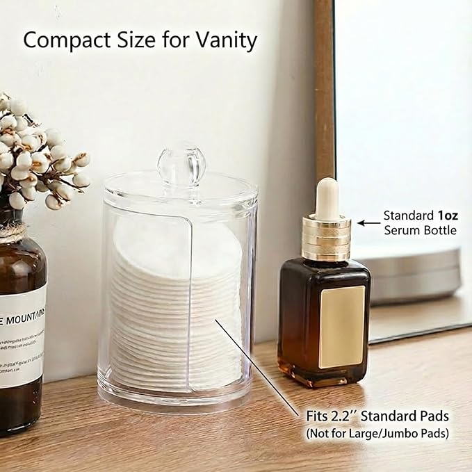 10oz Clear Plastic Cotton Round Holder Organizer - Shatterproof Vertical Cotton Pad Dispenser Canister with Lid for Bathroom Vanity Storage, Apothecary Jar for Face Cleaning Pads & Skincare