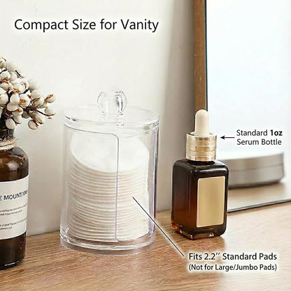 10oz Clear Plastic Cotton Round Holder Organizer - Shatterproof Vertical Cotton Pad Dispenser Canister with Lid for Bathroom Vanity Storage, Apothecary Jar for Face Cleaning Pads & Skincare
