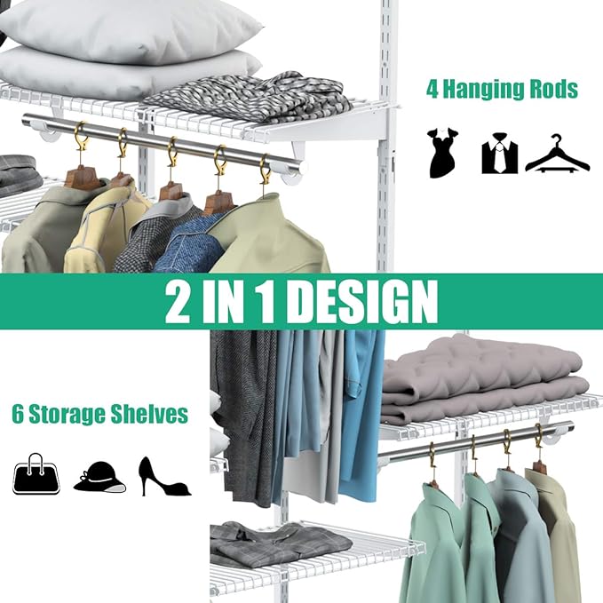 S AFSTAR 4 to 6 FT Mounted Closet Systems, Height Adjustable Custom Clothes Closet Kit with 3 Hanging Rod & 6 Storage Shelves, Wall-Mounted Clothes Closet Organizer for Bedroom Apartment, White