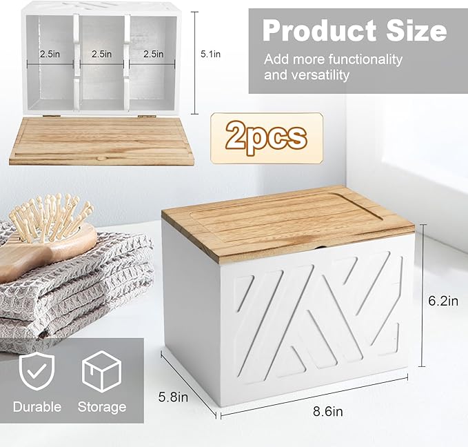 2Pcs Tampon Holder for Bathroom Decor, Feminine Product Organizer, Shark Week Tampon Storage with Lid, Wood Pad Box for Toilet, Lady Girl Stuff Organizer Case Bathroom Accessories- White