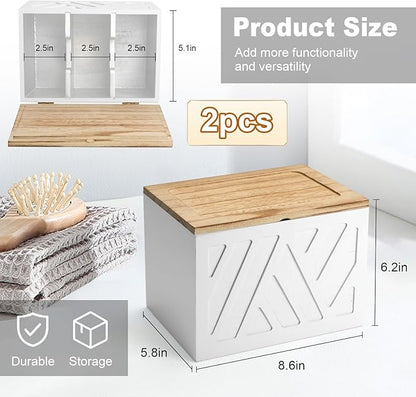 2Pcs Tampon Holder for Bathroom Decor, Feminine Product Organizer, Shark Week Tampon Storage with Lid, Wood Pad Box for Toilet, Lady Girl Stuff Organizer Case Bathroom Accessories- White