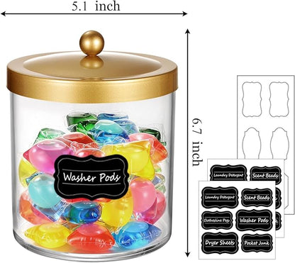 Amolliar 50 Oz Apothecary Jar - 2 Pack Clear Container with Stainless Steel Lid, Plastic Jar for Laundry Room Organization & Pods Storage, Bathroom Vanity Organizer, Kitchen Countertop Decor (Gold)