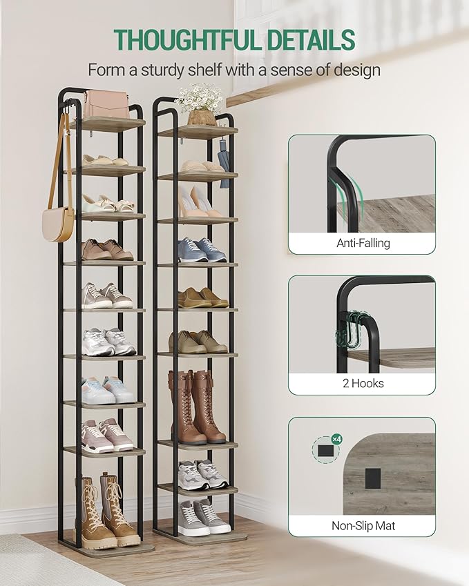 Hzuaneri 10 Tiers Vertical Shoe Rack, Narrow Shoe Tower, Tall Shoes Shelf with 2 Hooks, Adjustable Shelves, Corner Shoes Shelves for Small Spaces, Entryway, Living Room, Greige SR11205B