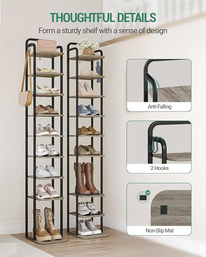 Hzuaneri 10 Tiers Vertical Shoe Rack, Narrow Shoe Tower, Tall Shoes Shelf with 2 Hooks, Adjustable Shelves, Corner Shoes Shelves for Small Spaces, Entryway, Living Room, Greige SR11205B