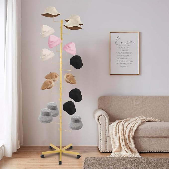 Freestanding Hat Rack - Hat Display Rack - Modern Large Freestanding Hat Rack Stand - Hat Display Stand for Cloakrooms, Entrances, Bedrooms, Clothing Stores, Trade Exhibitions (Gold)