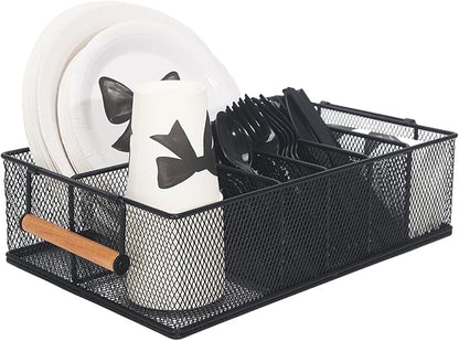 Paper Plate Holders with Wooden Handle for Countertop Cutlery Holder for Party Silverware Plastic Silverware Organizer Utensil Caddy for Kitchen,Picnic,Indoor/Outdoor Dinner Parties,BBQ
