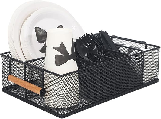 Paper Plate Holders with Wooden Handle for Countertop Cutlery Holder for Party Silverware Plastic Silverware Organizer Utensil Caddy for Kitchen,Picnic,Indoor/Outdoor Dinner Parties,BBQ