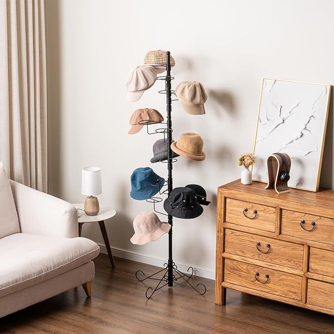 MyGift 5.5 Foot Modern Freestanding Black Metal Hat Organizer Rack, 360 Degree Rotating Wig or Cowboy Hat Display Stand with 20 Circular Hooks