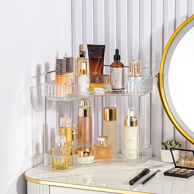 Corner Bathroom Counter Organizer, Vanity Trays for Bathroom, Skincare Makeup Organizer Shelf, Shelf Cosmetics, Toiletries, Lotions, Perfumes (2 Tiers, Clear)