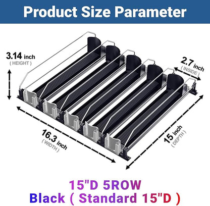 Drink Organizer for Fridge,12oz 16oz 20oz - Soda Can Dispenser for Refrigerator,Width Adjustable,Automatic Pusher Glide (Black, 15" D 5ROW, Holds 25 Cans)
