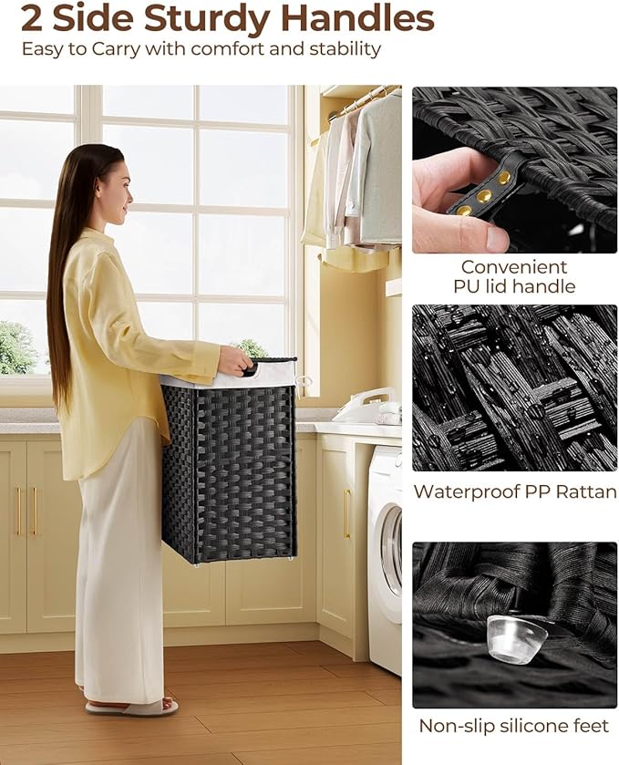 Greenstell Laundry Hamper with lid, No Install Needed, 110L Wicker Laundry Baskets Foldable 2 Removable Liner Bags, 2 Section Clothes Hamper Handwoven Rattan Laundry Basket with Handle, Black