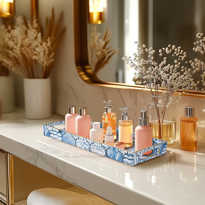 MAONAME Plastic Vanity Tray, Bathroom Counter Tray, Decorative Trays with Handles, Storage Dresser Trays Organizer for Toilet Tank, Jewelry, Makeup, 13.8" x 6" x 1.57"