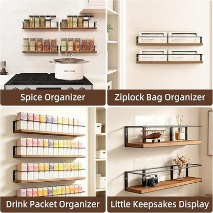 Spice Rack Self-Adhesive or drilling, Rustic Style Hanging Spice Rack, Spice Organization for Cabinet Door or Wall Mount, Over The Stove, Kitchen Wall, 2-Pack