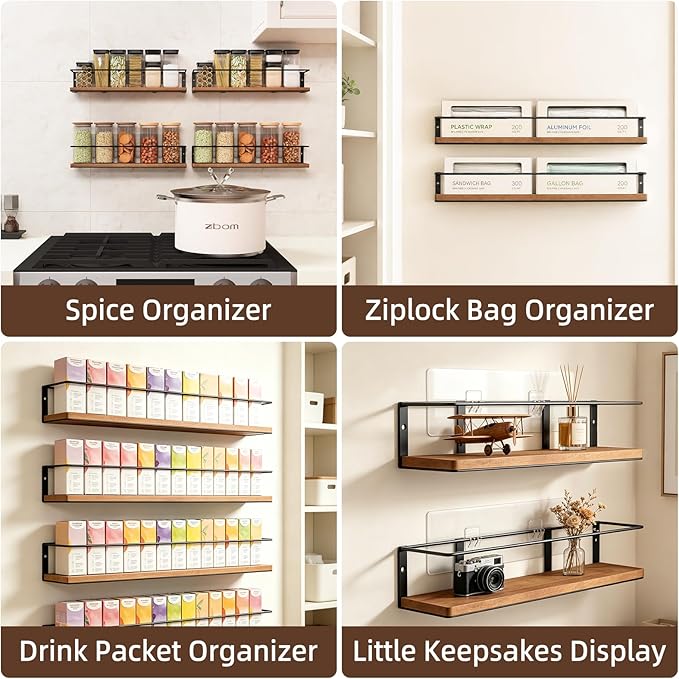 Spice Rack Self-Adhesive or drilling, Rustic Style Hanging Spice Rack, Spice Organization for Cabinet Door or Wall Mount, Over The Stove, Kitchen Wall, 4-Pack